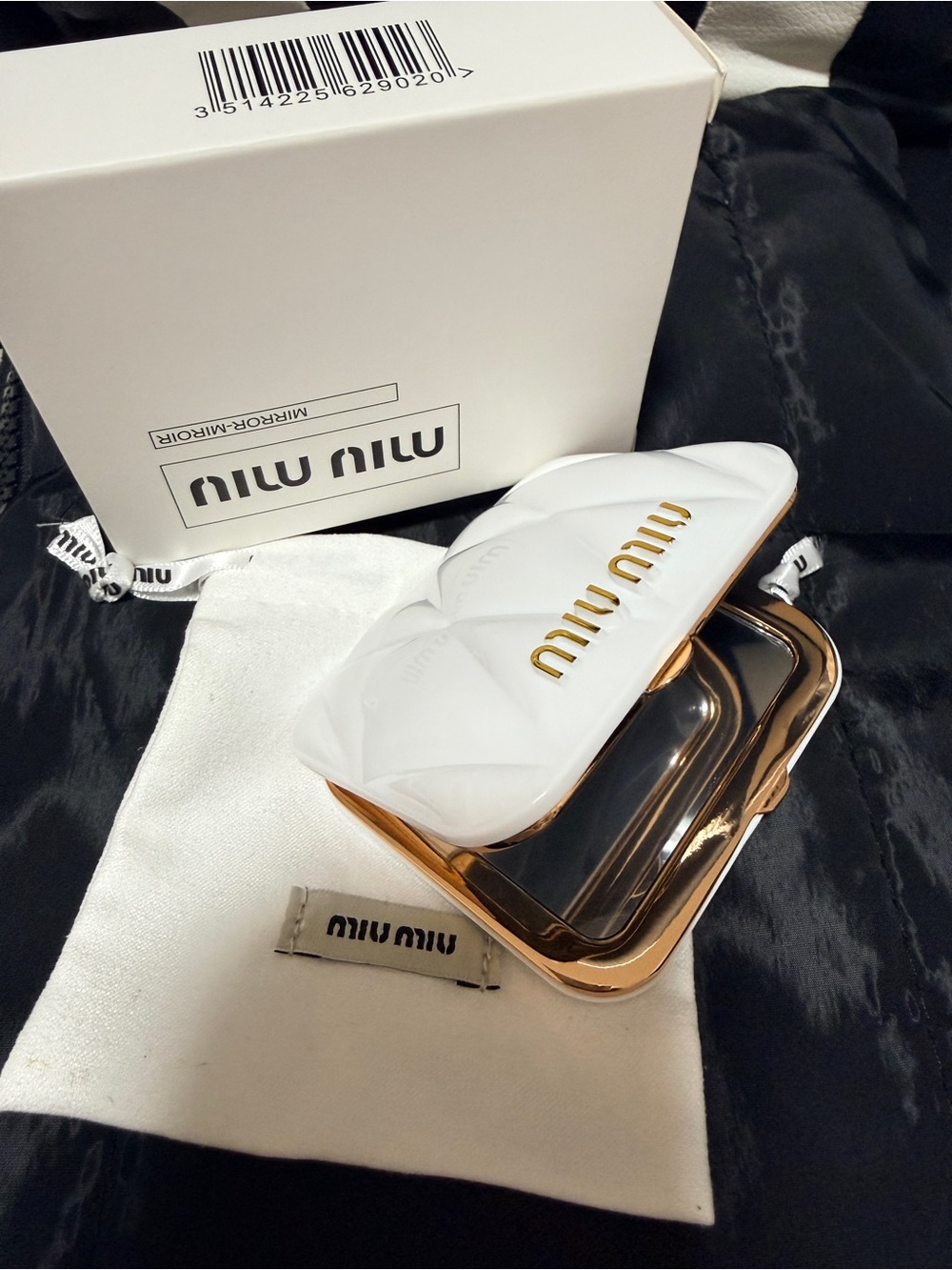 Miu White Quilted Compact Mirror